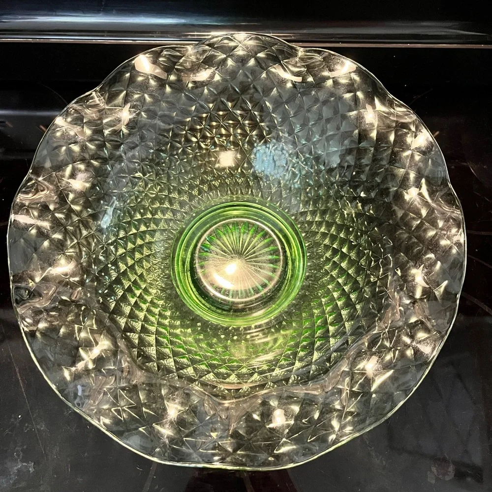 Vintage Emerald Green Diamond Point Art Glass Basket Bowl 12”